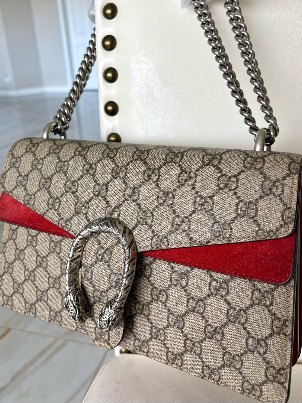 CERTIFIED GUCCI Dionysus Beige GG Supreme Canvas Shoulder Bag Red Suede Stripe !